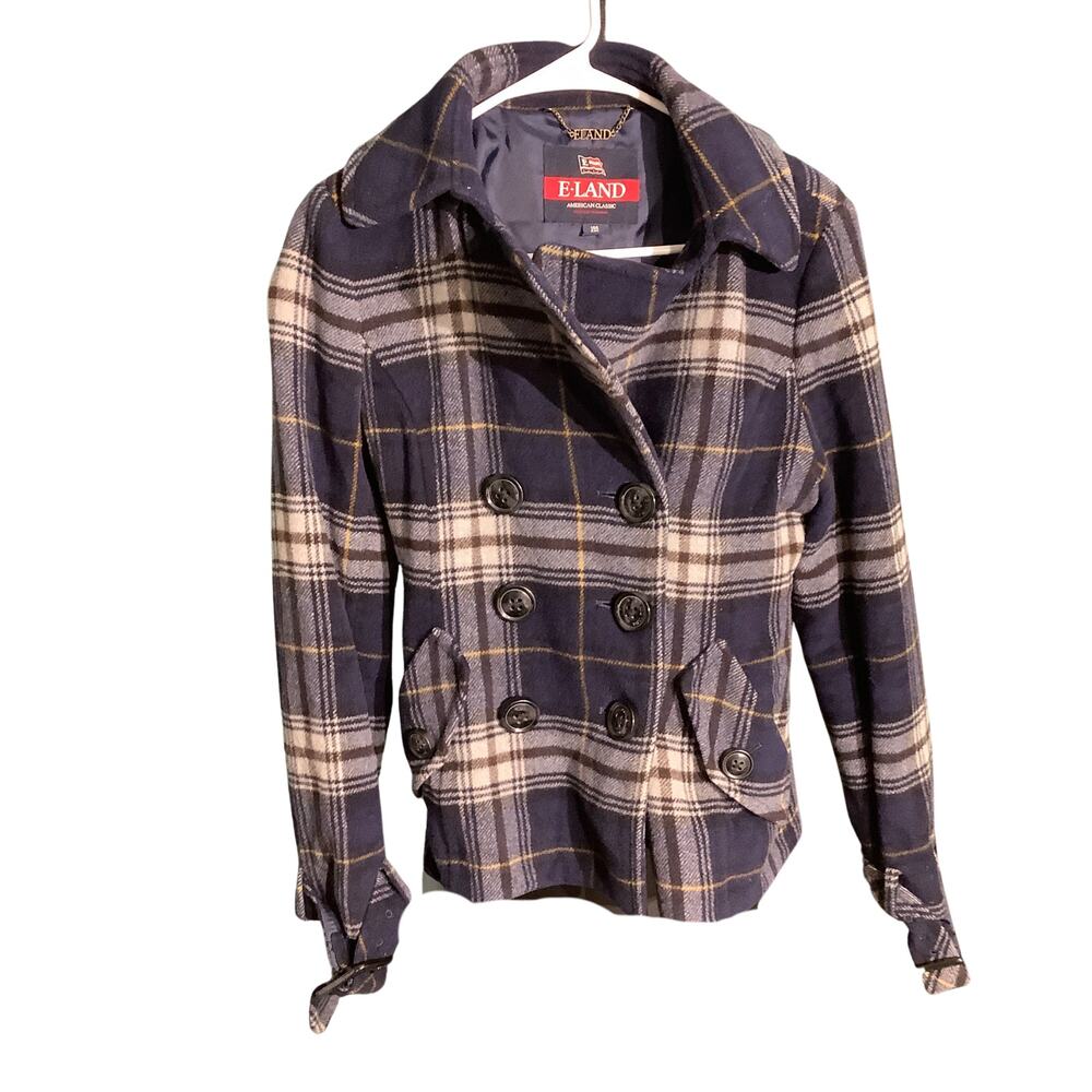 E-LAND Blue Plaid Double Breasted Peacoat XS (160/84) — Preppy, Classic, Fall